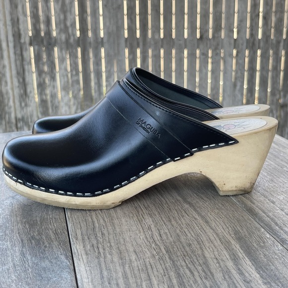 Maguba Sweden Clogs Women 9.5 EU 40 Black Leather Wooden Heel Platform Slip On - Picture 4 of 15